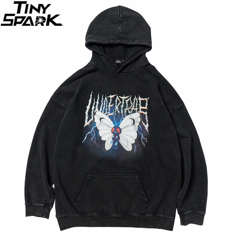Men's Hip Hop Hoodie Sweatshirt Lightning Butterfly Streetwear Hoodie Retro Vintage Washed Black Hooded Pullover Harajuku