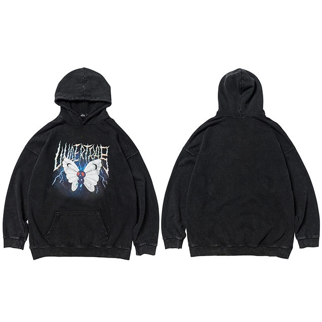 Men Hip Hop Hoodie Sweatshirt Lightning Butterfly Streetwear Hoodie Retro Vintage Washed Black Hooded Pullover Harajuku