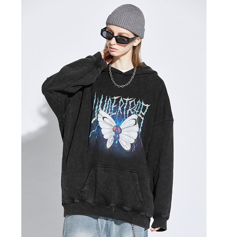 Men's Hip Hop Hoodie Sweatshirt Lightning Butterfly Streetwear Hoodie Retro Vintage Washed Black Hooded Pullover Harajuku