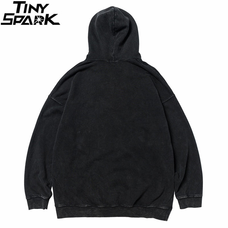 Men's Hip Hop Hoodie Sweatshirt Lightning Butterfly Streetwear Hoodie Retro Vintage Washed Black Hooded Pullover Harajuku