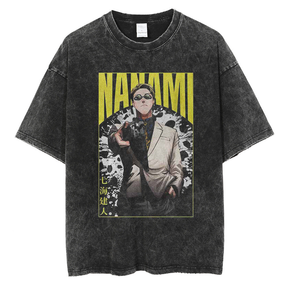 Huge Anime Flat Print Couple T-Shirt Washed Black Streetwear