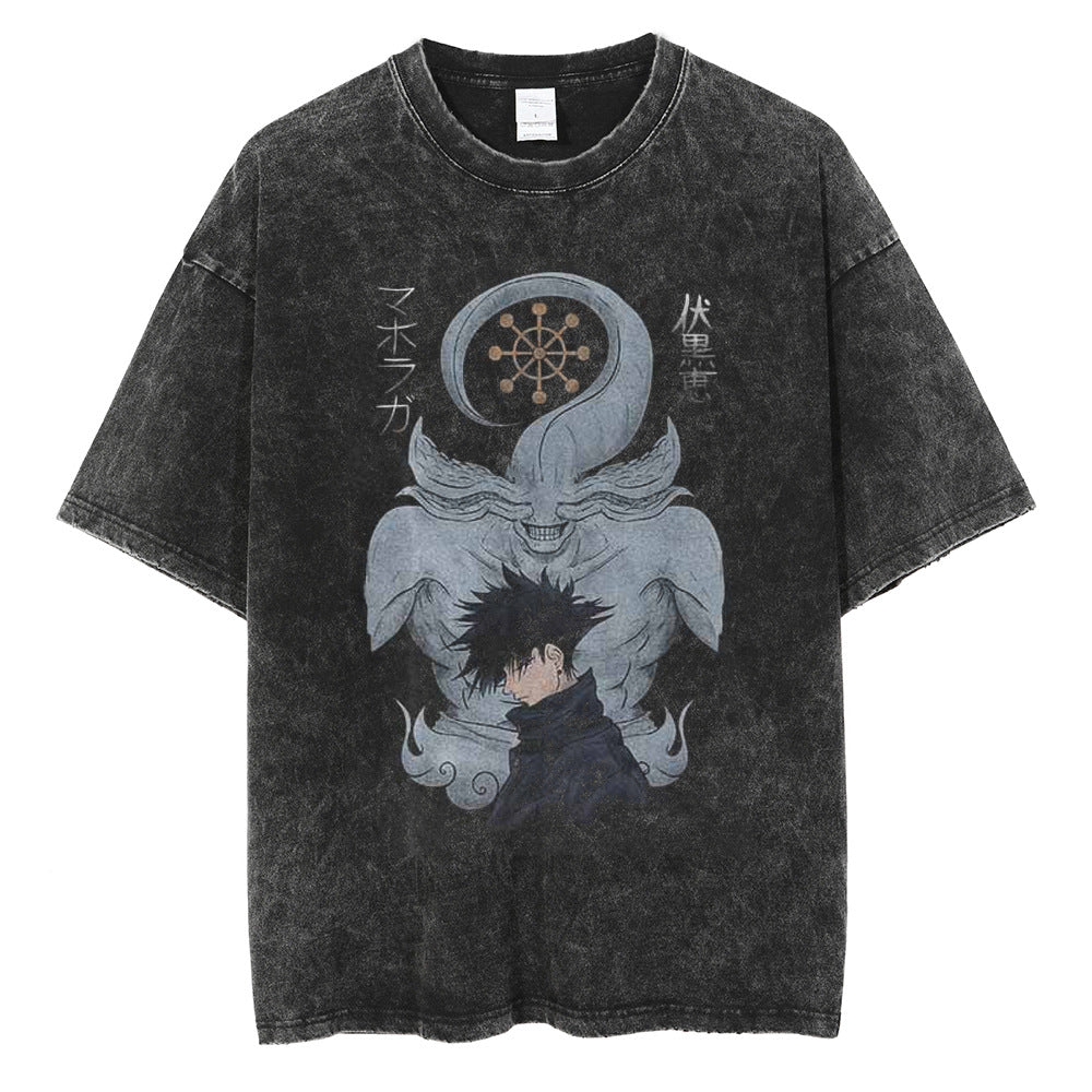 Huge Anime Flat Print Couple T-Shirt Washed Black Streetwear