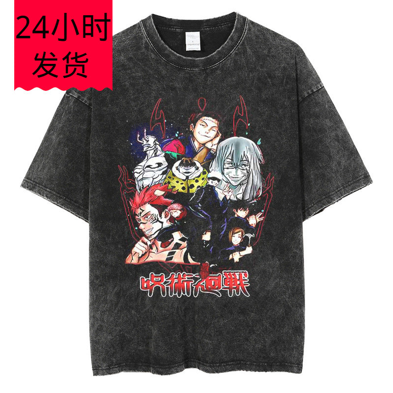 Huge Anime Flat Print Couple T-Shirt Washed Black Streetwear