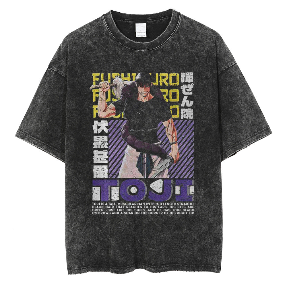 Huge Anime Flat Print Couple T-Shirt Washed Black Streetwear