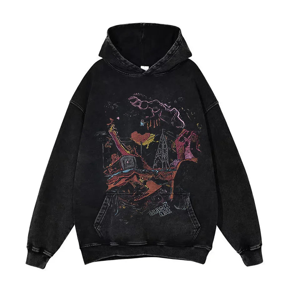 Anime Pain Graphic Hoodie Men's Retro Washed Harajuku Streetwear