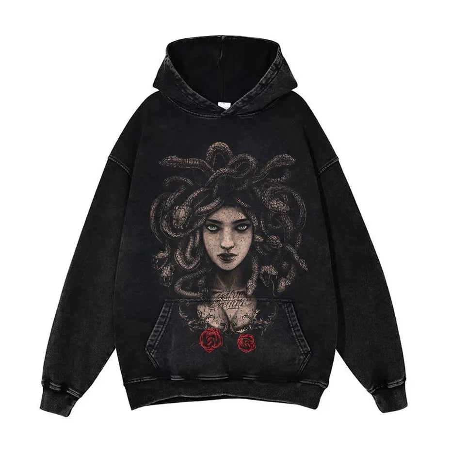 Anime Pain Graphic Hoodie Men's Retro Washed Harajuku Streetwear