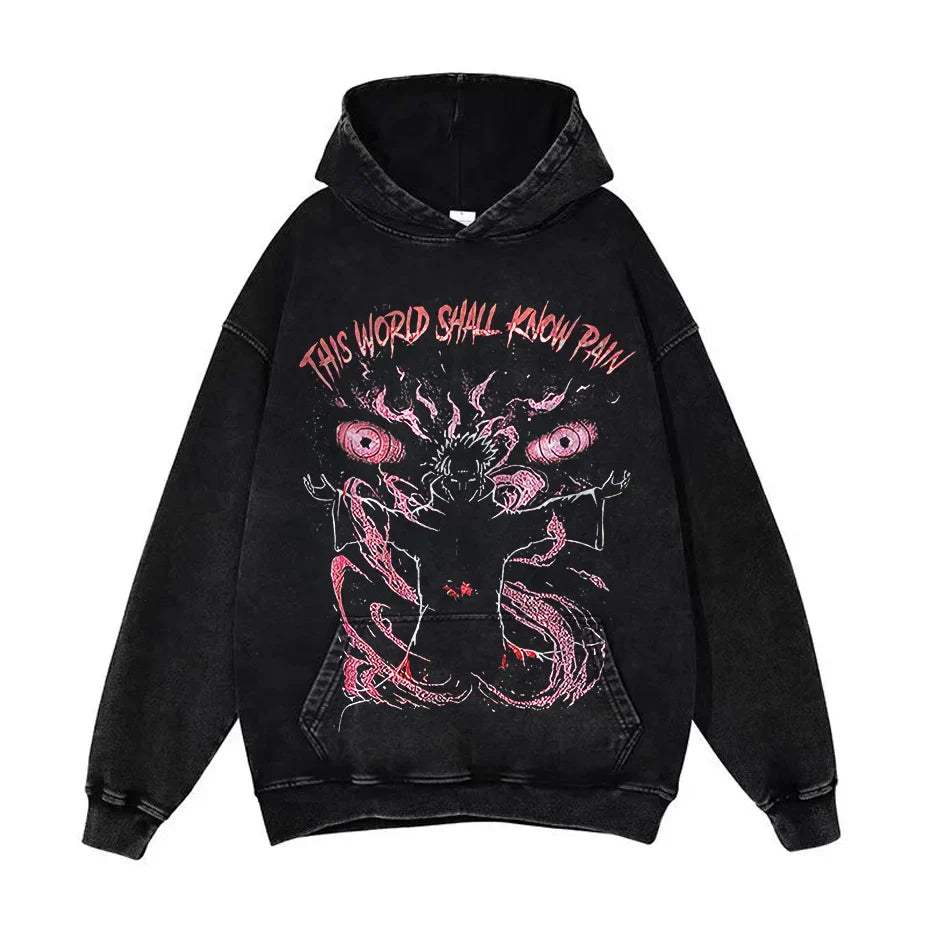 Anime Pain Graphic Hoodie Men's Retro Washed Harajuku Streetwear